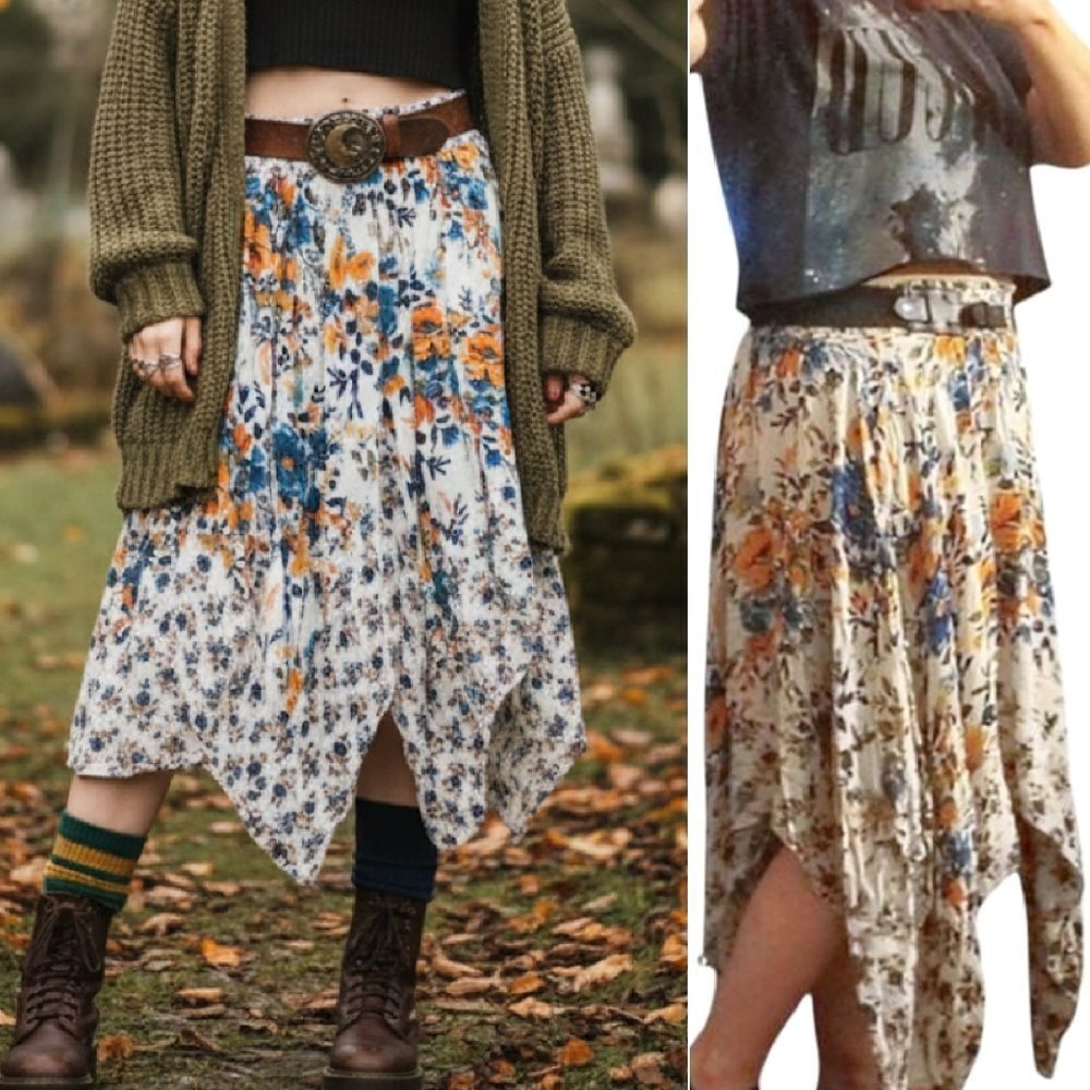 Y2K Floral Cottagecore Smock Waist Asymmetric Hem Midi Skirt Large